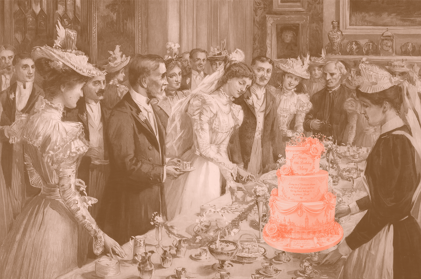 A historical birthday scene with an elaborate cake